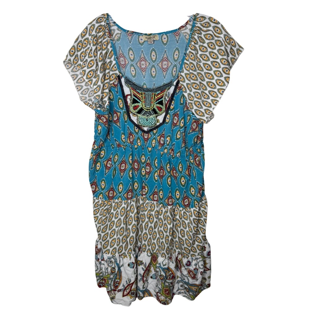 One World Live and Let Live Boho Medallion‎ Print Tiered Dress Blue XL Artsy